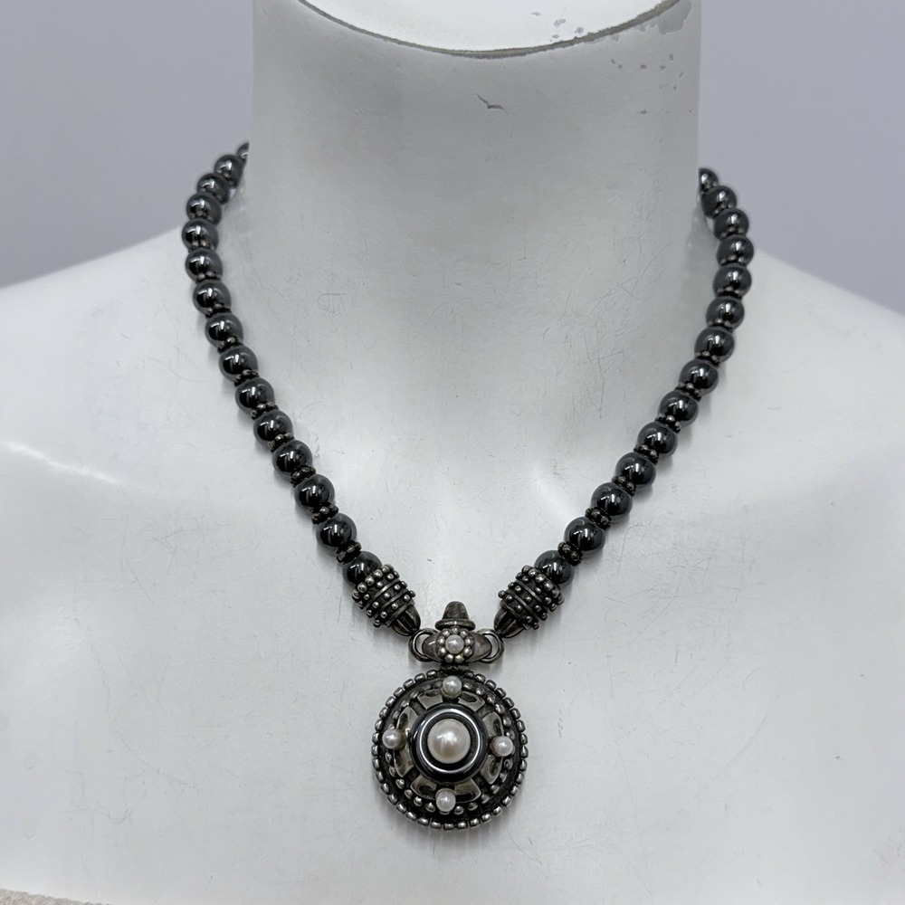 Vintage B.C. Silver Ned Bowman Sterling Hematite Pearl Necklace 18 1/4" Long